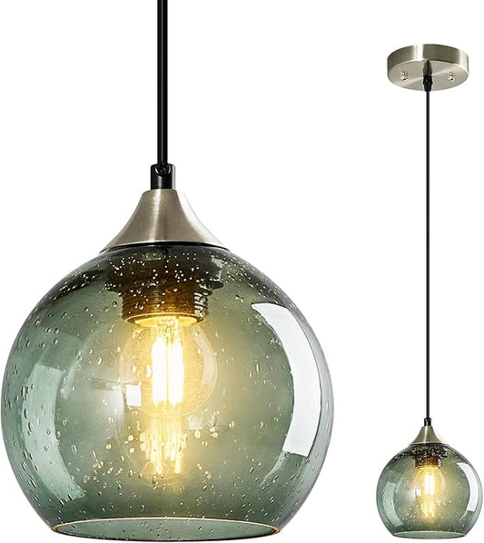 Gray Green Glass Pendant Lights Kitchen Island Lighting Globe Pendant Light Fixtures Modern Pendant Lighting for Kitchen Island Bedroom Living Dining Room Light Fixture(5.9in, 1-Pack)