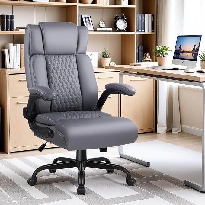 Leather Office Chair Desk Chair, Comfortable Office Desk Chair Computer Chair with Adjustable Flip-up Armrest, Ergonomic Executive High Back Tall Chairs with Smooth Wheels, Grey