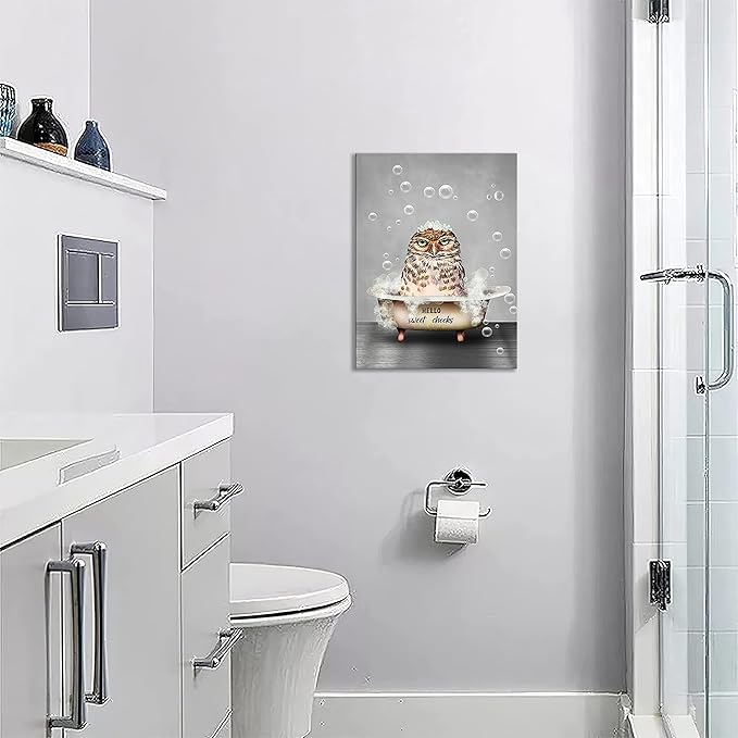 Funny Owl Bathroom Wall Art Farmhouse Animal Owl In Bathtub Pictures Wall Decor Bubble Bath Bathroom Pictures For Wall Canvas Prints Painting Artwork Home Decorations For Bathroom Framed 12"x16"