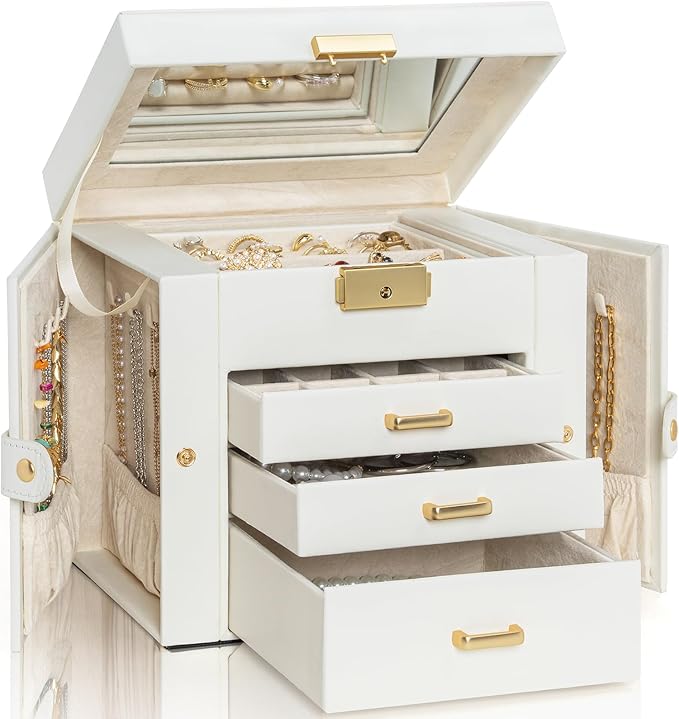 AKOZLIN 4-Tier Jewelry Box Leather Jewelry Storage Organizer with 3 Drawers Lockable for Women Girls Ring Necklace Earring Bracelet Holder with Mirror White