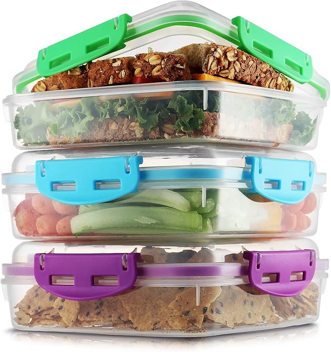 Tafura Kids 3 Pack Sandwich Containers, BPA Free Plastic, Microwave and Dishwasher Safe, Designed with Kid Friendly Lids