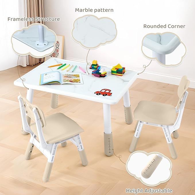 Toddler Table and 2 Chairs Set, Height Adjustable Kids Table and Chairs, 31.5''L x 23.6''W, Marble Pattern & Graffiti Desktop, Children Multi-Activity Table for Home/Daycare/Classroom