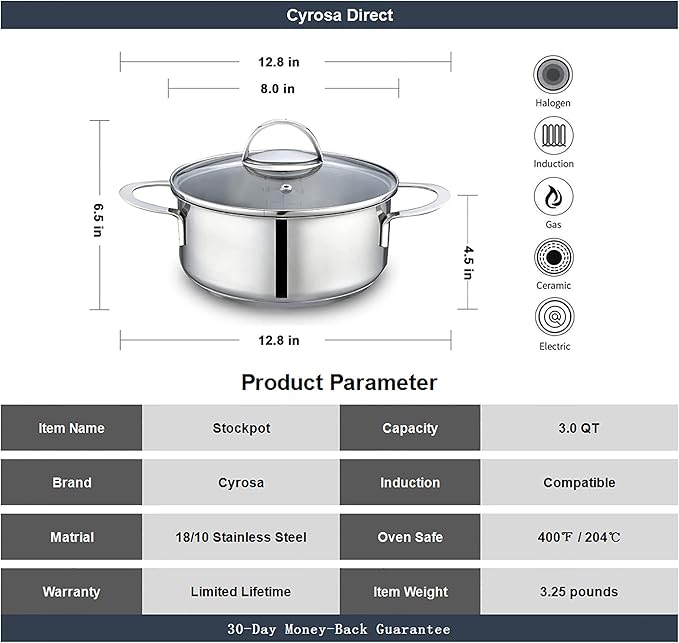 Tri-Ply Stainless Steel Sauce Pan with Steamer Basket & Straining Glass Lid — Heavy-Duty,Thick Base,Rust-Resistant,Warp-Free —100% Food-Grade —Built to Last– Works with All Stovetops, Pasta Pot 2.5 QT