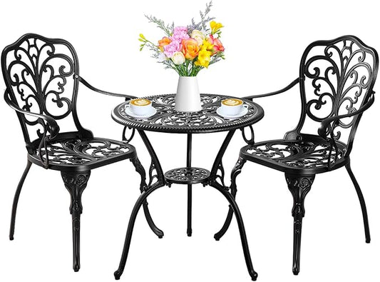Bistro Set 3 Piece Outdoor, Bistro Table and Chairs Set of 2, All Weather Patio Bistro Set with Umbrella Hole, Patio Set for Garden, Black