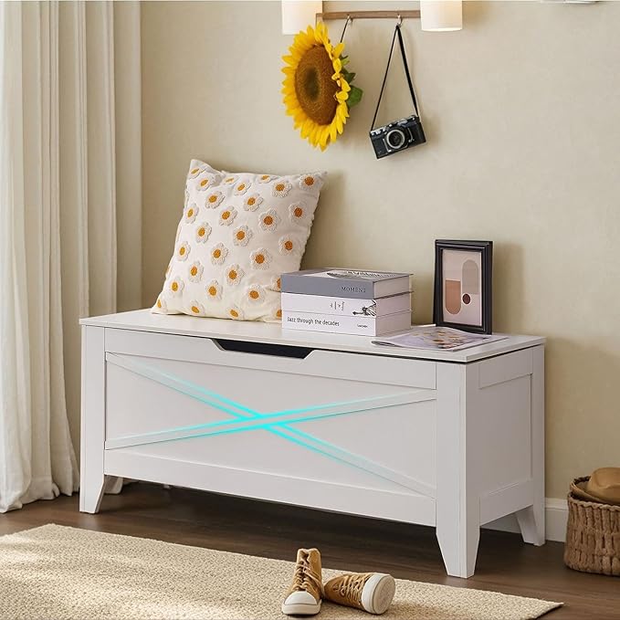 VECELO 43.3" Farmhouse Style Storage Bench, Entryway Shoe Ottoman, with Handwoven Cushion, with Metal Safety Hinges, for Bedroom, Living Room, Entryway, White