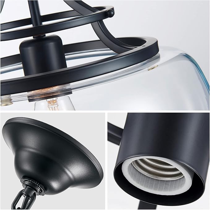 WUZUPS Chandelier Rustic Farmhouse Industrial Round Ceiling Pendant LED Light Fixture with Clear Glass Shades for Dining Room Kitchen Island Foyer Entryway, H 17" x W 13.4", E26 Base, Black