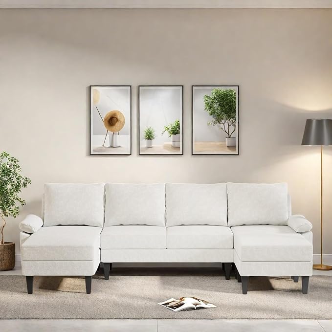 FONTOI 115 Inch U Shaped Sectional Couch with Chaise, 5-Seat Sofa with Moveable Ottoman, Modern Modular Sofa for Living Room, Apartment, Off-White