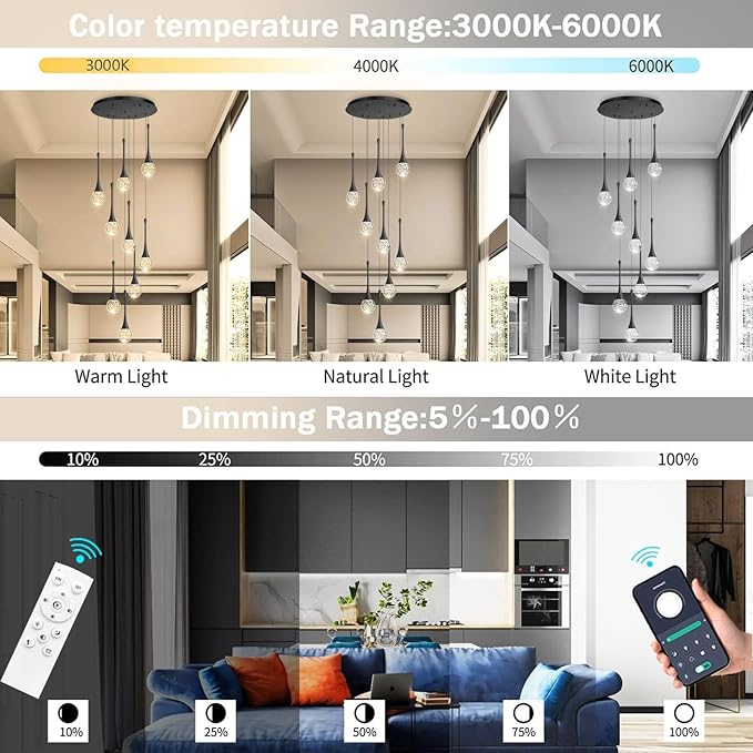 9 Light Modern Glam Crystal Chandelier for High Ceiling LED Dimmable Ceiling Pendant Light Staircase Foyer Enterway Living Room Chandelier Lighting Antique Black