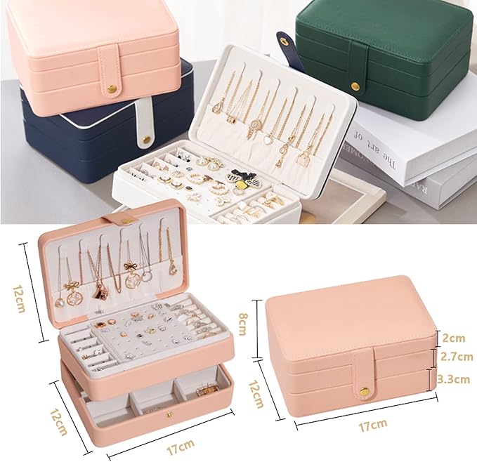 KOOAAICCHI Small Jewelry Box, Travel Jewelry Organizer, Portable Jewelry boxes for Women Girls Gift, Double Layers PU Leather Jewelry Holder for Rings, Earrings, Necklaces-Pink