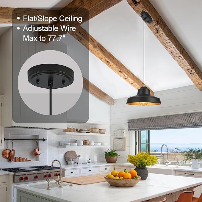 12 Inch Black Pendant Light Fixture,Farmhouse Hanging Lamp Adjustable Height Dome Pendant Lights for Kitchen Island Dining Room,2 Pack