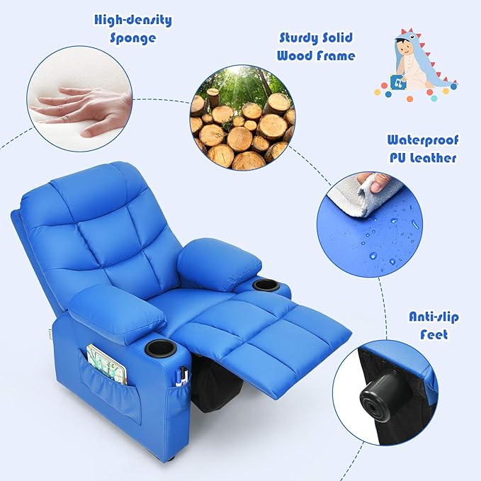 Kids Recliner, Kids Recliner Chair w/ 2 Cup Holders, PU Leather Kids Chairs Compy w/Adjustable Backrest & 3 Pockets, Toddler Furniture Sofa for Boys Girls Aged 3+ (Blue)