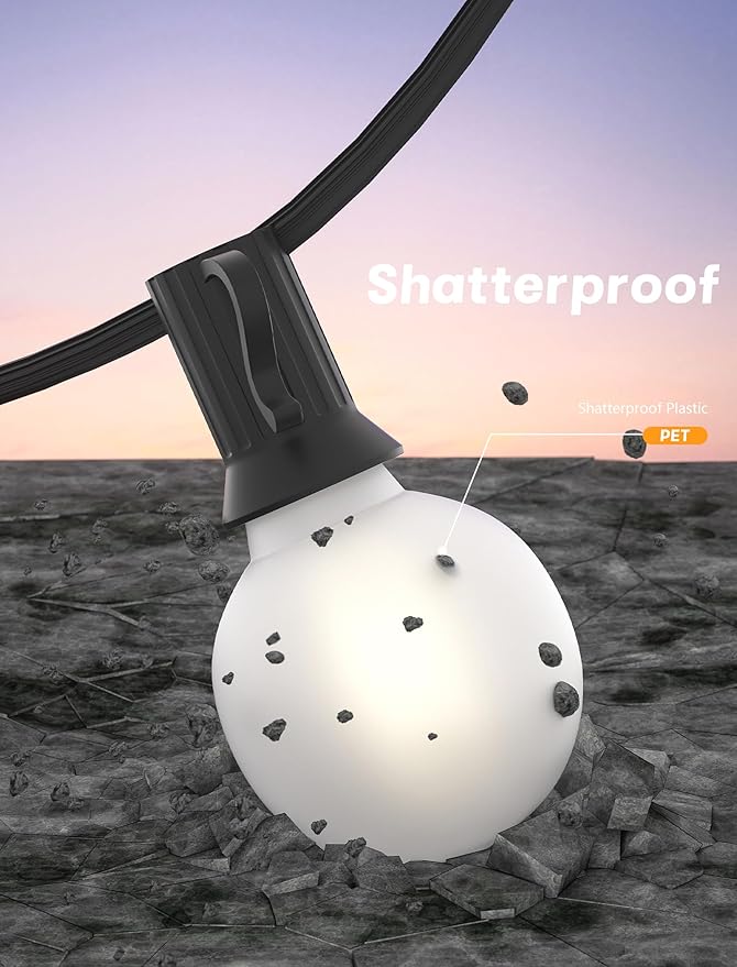 SUNSGNE G40 Outdoor String Lights Waterproof, 50FT Outdoor Hanging Lights with 52 Globe Frosted White LED Bulbs(2 Spare), String Lights for Outside Patio Tent Porch Garden Backyard Balcony Deck Decor