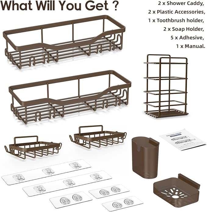 Shower Caddy Adhesive Shower Organizer 7-Pack, Rustproof Stainless Steel Bathroom Shelves, Large Capacity No-Drill Rack Storage Accessories with Soap Dish Toothbrush Holder Hooks (Brown)