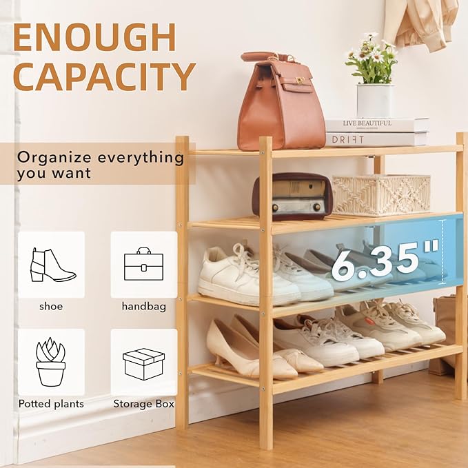 4 Tier Bamboo Shoe Rack Storage Organizer for Closet, Multifunctional Stackable Free Standing Shoe Shelf Organizer for Small Space,Entryway,Hallway,Bathroom 27"x11"x26"(Natural, 4 Tier)