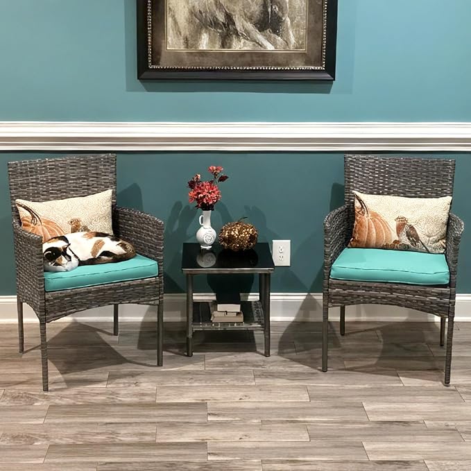 FDW | 3-Piece Patio Furniture Set | Gray & Blue | Outdoor Wicker Furniture with Coffee Table | Modern Rattan Chairs Conversation Set | Outdoor Seating | Weather-Resistant | for Porch, Garden, Lawn