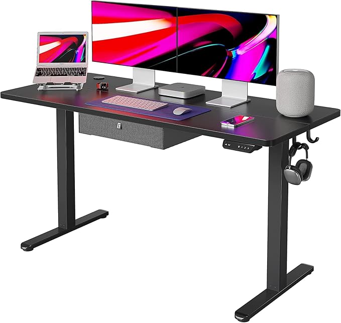FEZIBO 55x 24 Inches Standing Desk with Drawer, Adjustable Height Electric Stand up Desk with Storage, Sit Stand Home Office Desk, Ergonomic Computer Desk, Black
