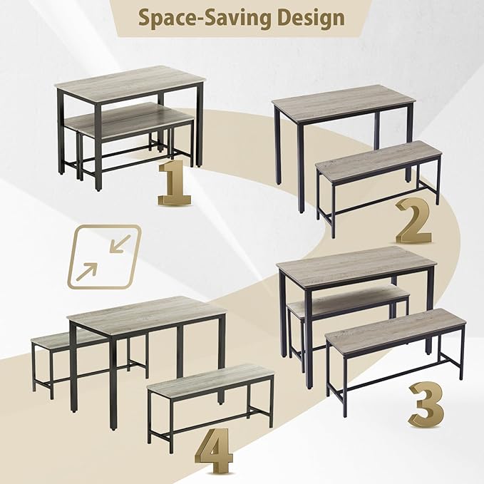NicBex Dining Table Set for 4, 3 Piece Farmhouse Kitchen Table with 2 Benches, Small Breakfast Nook Table Set for Kitchen or Dining Room Grey