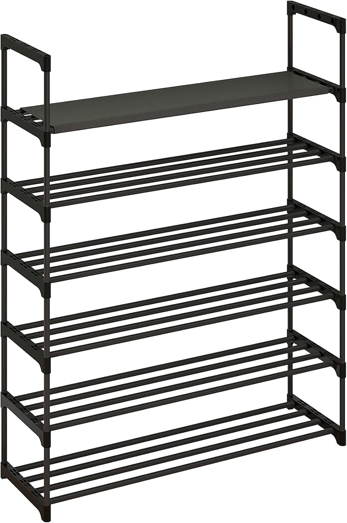 Calmootey 6-Tier Shoe Rack, Tall Large Capacity 30 Pairs Shoes Storage Organizer, Stackable Wide Shoe Shelf for Entryway, Hallway, Black