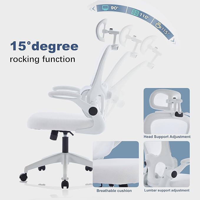 Ergonomic Mesh Office Chair, 400 lbs Capacity, High Back Desk Chair with Adjustable Lumbar Support, 3D Headrest, Flip-Up Armrests, and PU Wheels for Long Workdays and Home Office (White)