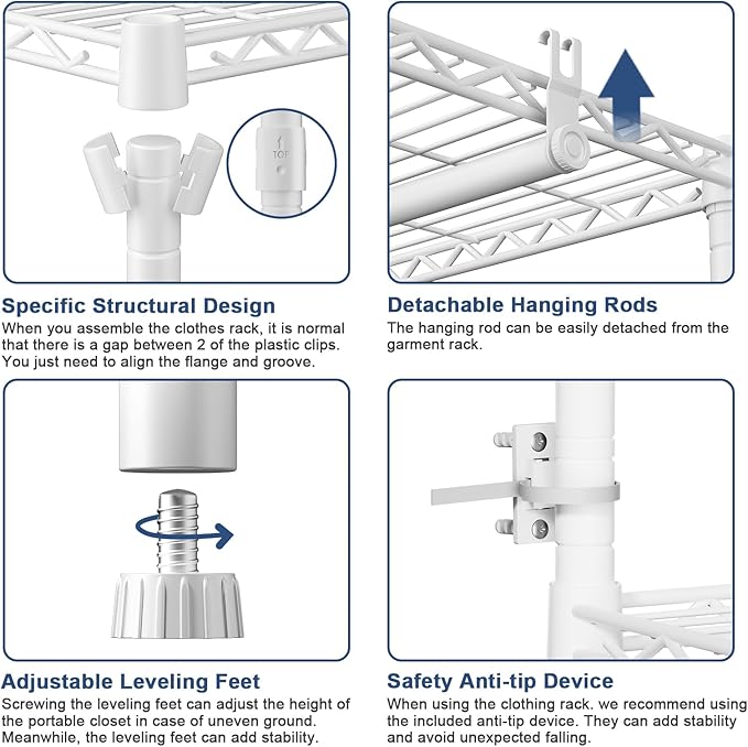 Ulif E12 Clothes Rack，Heavy Duty Freestanding Garment Rack with Shelves，Metal Clothing Closet Storage System for Hanging Clothes，71" W x 16" D x 76.5" H, Hold 960 lbs，White