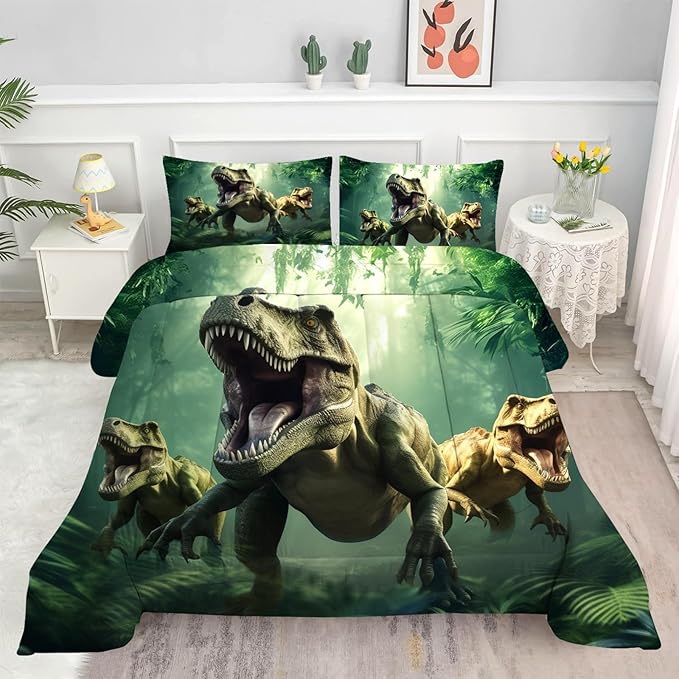 Kids Dino Comforter Set Twin Size for Boys Green Dinosaur Quilt Set Soft Microfiber Dino Bed Set for All Season Use Dinosaur Bedding Set with 1 Comforter + 1 Pillowcase
