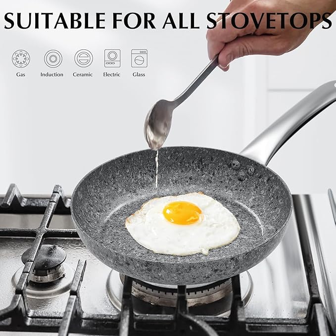 KOCH SYSTEME CS 11" Grey Non stick Granite Stone Frying Pan with Lid, Toxin-free Granite Nonstick Coating Cookware, Ultra Nonstik Skillet with Stainless Steel Handle, Oven Safe&All Stovetop Compatible
