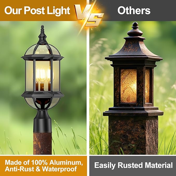 Large Outdoor Post Lights,19.21" 3-Light Lamp Post Light Fixture,Hardwired 120V Exterior Waterproof Pole Lighting,Modern Black Aluminum Lantern for Garden, Yard, Patio, Pathway