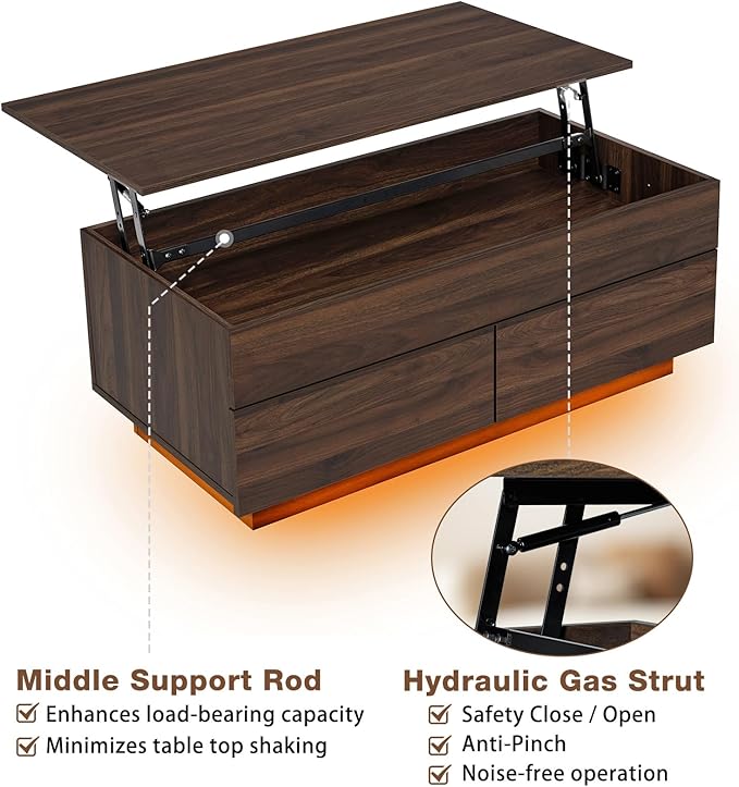 HOMMPA Modern Lift Top Coffee Table with Storage for Living Room, LED Coffee Table, Wooden Lift Table Top Dining Table with 2 Drawers Hidden Compartment & Metal Frame, Walnut