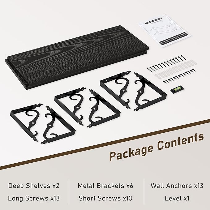 Deep Floating Shelves, 31" W x 12" D Wall Shelves Set of 2, Wide Display Shelf Wall Mounted with Brackets, Bookshelf for Living Room, Bathroom, Bedroom, Black