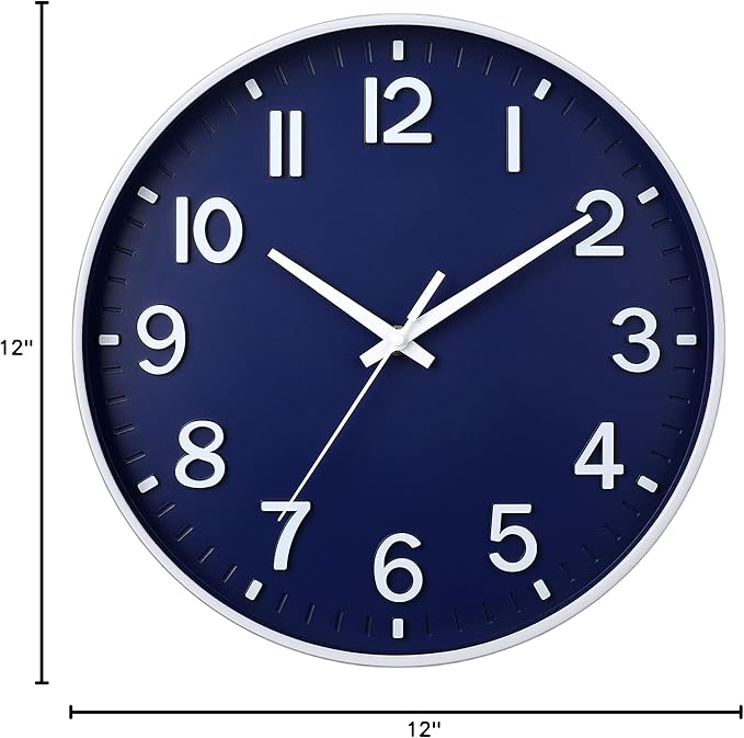 HZDHCLH Navy Blue Wall Clocks Battery Operated,12 inch Silent Non Ticking Modern Wall Clock for Living Room Bedroom Kitchen Office Classroom Decor