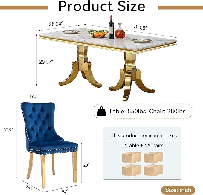Goujxcy Faux Marble Dining Table Set for 4, Modern 5-Piece Dining Table Set with 4 Velvet Upholstered Chairs, 70" Large Long Faux Marble Kitchen Dining Room Table and Chairs with Stainless Steel Legs