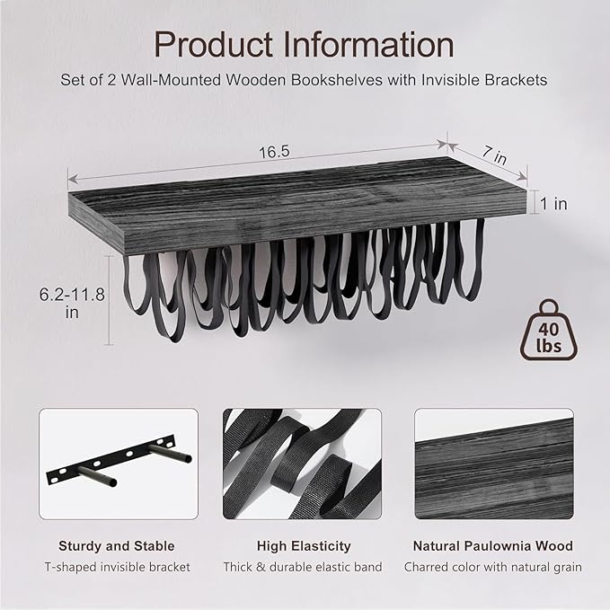 Floating Bookshelves for Wall, Rustic Wood Hanging Wall Bookshelf, Upside Down Book Shelf and Wall Mounted Bookshelves for Home Decor in Bedroom, Living Room, Black 2 Pack