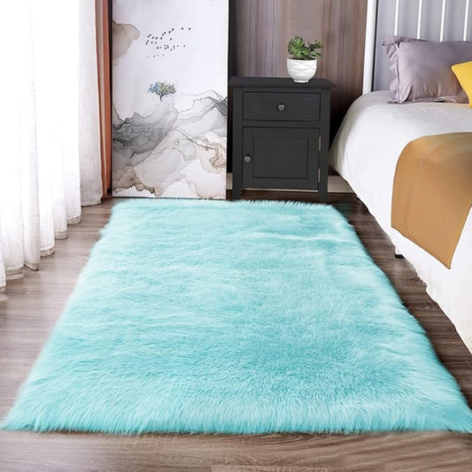 Latepis Light Blue Shaggy Rugs for Bedroom 3x4 Faux Sheepskin Rug Teal Fur Rug for Living Room Fluffy Bedside Plush Boho Rugs Luxury Home Decor