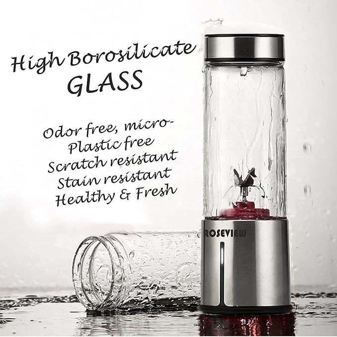 Portable Smoothie blender Glass bottle Mini USB rechargeable 2 battery Handheld Shakes blend Cup USB juicer Cordless (BlackSteel)