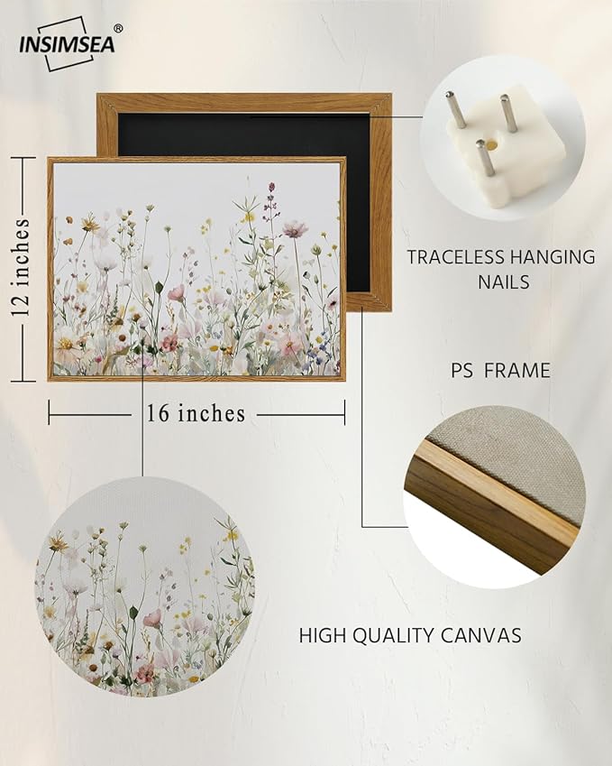 InSimSea Framed Wall Art for Living Room Watercolor Flowers Paingting Pictures Wall Decor Aesthetic Wildflower Art Elegant Pastel Florals Canvas Print Home Decor for Bathrrom, Bedroom Décor 12x16In