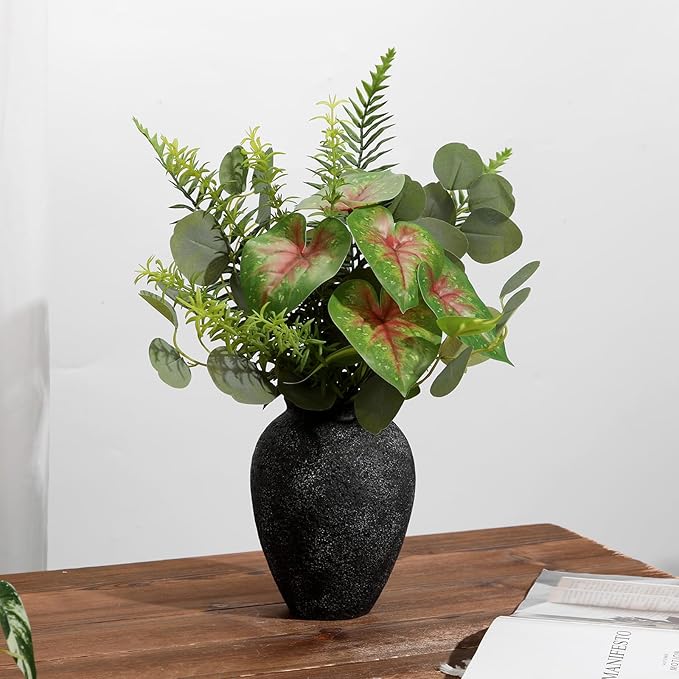 Rustic Ceramic Vase for Home Decor – 2PCS 6.7" Small Decorative Textured Black Vases for Dried Flowers, Pampas Grass, Faux Plants – Modern Farmhouse Boho Table Centerpiece