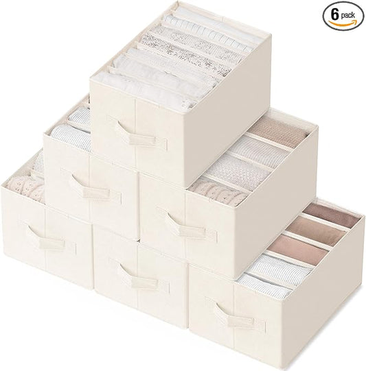 Criusia 6 Pack Large Clothes Organizer, Wardrobe Closet Organizer and Storage with Handles, Foldable Fabric Closet Organizers Dividers for Clothing, Pants, Jeans, Sweater, T-shirts, Beige