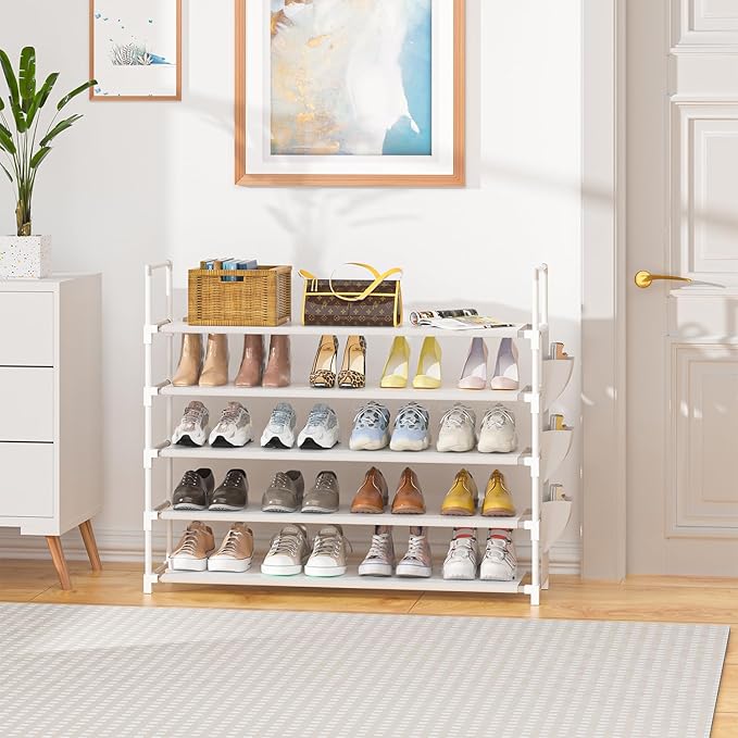 5 Tier Shoe Organizer, 33.3in Wide x 11.2in Deep x 35.6in Tall, Black Metal and Plastic Shoe Rack with Side Bag, Holds 20-25 Pairs of Shoes