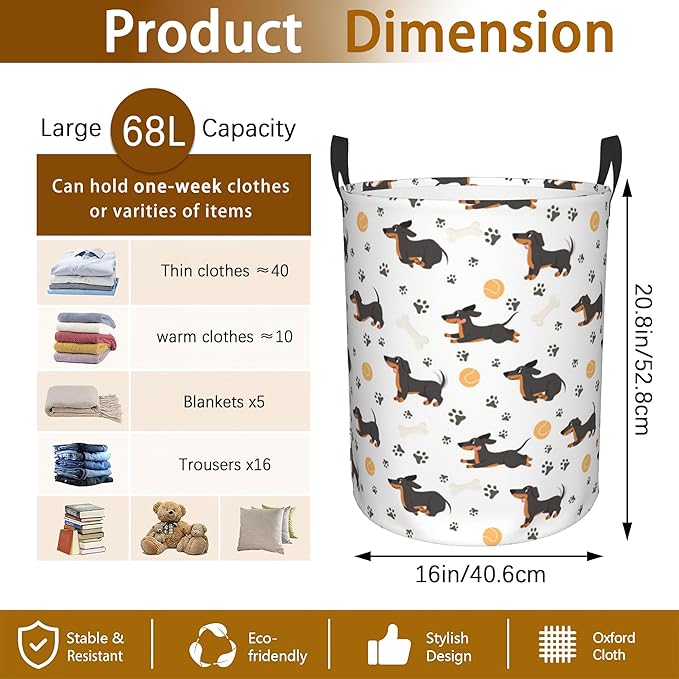 Dachshund Dog Paws Laundry Basket,Waterproof Foldable Laundry Hamper,Dirty Clothes Laundry Basket, Linen Bin Storage Organizer for Toy Collection 16" x 20"