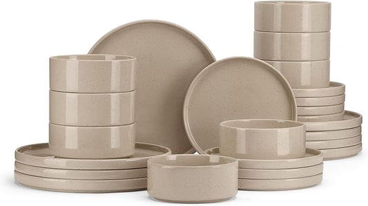 E-far Dinnerware Sets for 8, 24-Piece Stoneware Plates and Bowls Dish Set, Modern Kitchen Dinning Dishware, Chip and Scratch Resistant, Microwave & Dishwasher Safe, Speckled Khaki