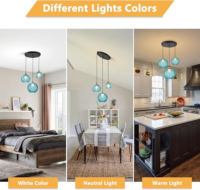 KCO Lighting Modern 3-Light Blue Striped Glass Pendant Light Fixture Nordic Glass Ball Cluster Chandelier Vintage Large Globe Pendant Lighting Mid-Century Black Island Light for Kitchen