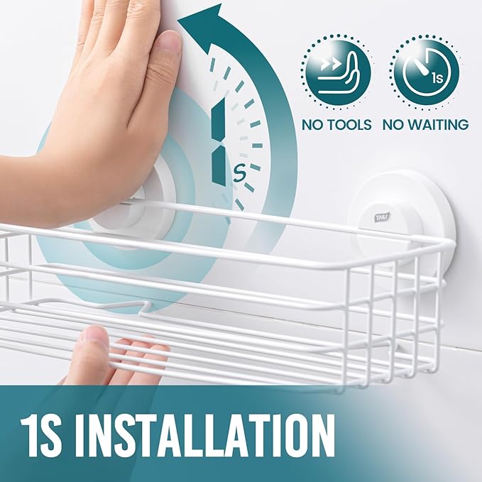 TAILI Shower Caddy Suction Cup 2 Pack with Hooks & Soap Holder, Heavy Duty Shower Organizer for Bathroom, No Drilling Bathroom Organizer with Large Capacity, Metal Storage Basket-White