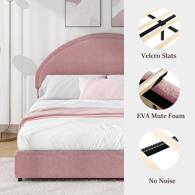 Queen Bed Frame, Upholstered Platform Bed with Headboard, Boucle Bed Frame with Round Conner, No Box Spring Required, Easy Assembly, Pink