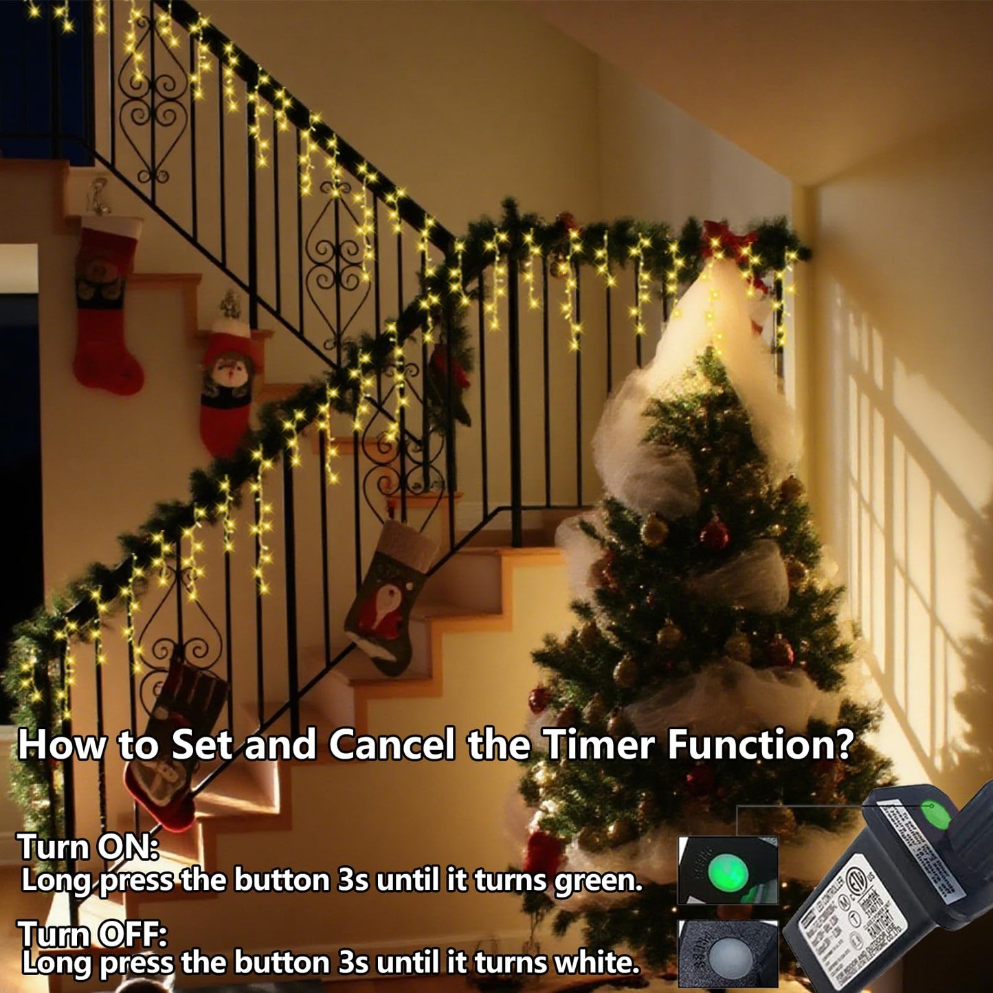 QITONG Warm White Icicle Christmas Lights, 33ft 400 LED Icicle Lights for Outside Indoor with 8 Modes, Clear Wire Connectable String Light Plug in