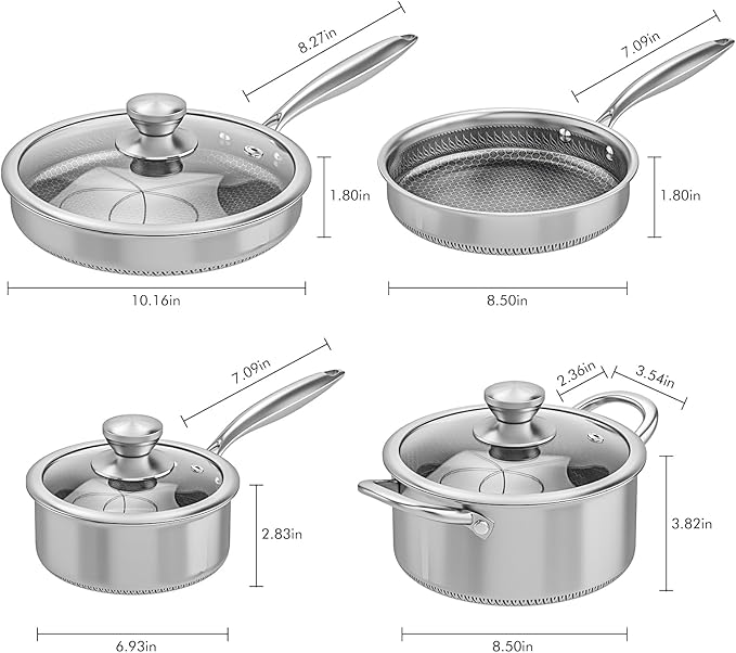 AuFranc® Hybrid Nonstick Stainless Steel Pots and Pans Set, Induction Cookware Set with Tempered Glass Lids, Non-stick Pot and Pan Set Suitable for All Cooktops, Non-Toxic, Dishwasher & Oven Safe