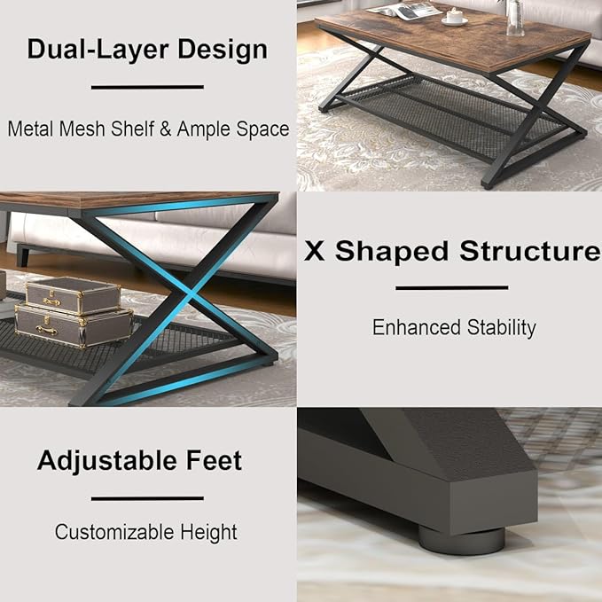 LVB Rustic Coffee Table, Industrial Metal Wood 2 Tier Cocktail Tea Table with Storage for Living Room, Farmhouse Wooden Rectangle Center Table with Mesh Shelf for Office Bedroom, 39 inch, Rustic Brown