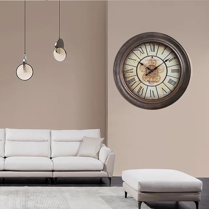 15 Inch Vintage Wall Clock, Silent Non-Ticking Quartz Battery Operated Decorative Clock for Home, Kitchen, Living Room, Dining Room, Office, Aged Bronze Roman Numerals