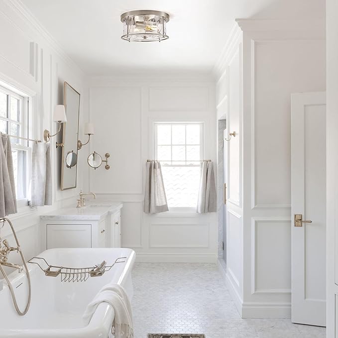 LamQee Flush Mount Ceiling Light with Clear Hammered Glass, Industrial 2-Lights Farmhouse Close to Ceiling Light Fixtures Round Low Profile Lights for Kitchen Hallway Foyer Entrance Bedroom Nickel