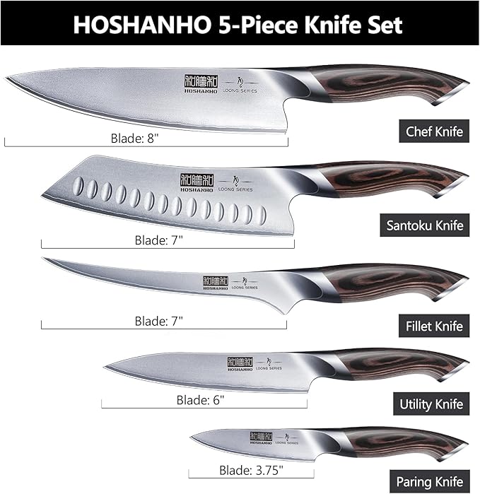 5 Pieces Knife Set, Japanese High Carbon Stainless Steel Kitchen Knife Sets, Professional Ultra Sharp Chef Knives Set with Ergonomic Pakkawood Handle