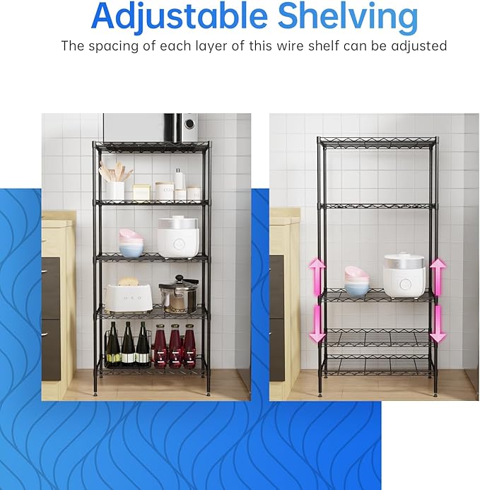 PayLessHere Metal Shelf Shelving Unit Wire Shelving with 5 Tier NSF Certified Closet Shelves Storage Garage Shelves for Home Kitchen Office Warehouse Wire Rack Shelf Standing Shelf Units, Black